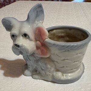 Ceramic Dog Planter in blue and white with pink bow